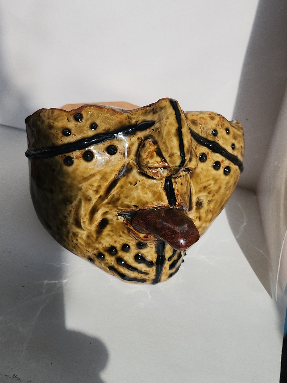 Ceramic Pottery Face Grotesque Folk Art Mask Unsigned. Handmade Decorative OOAK
